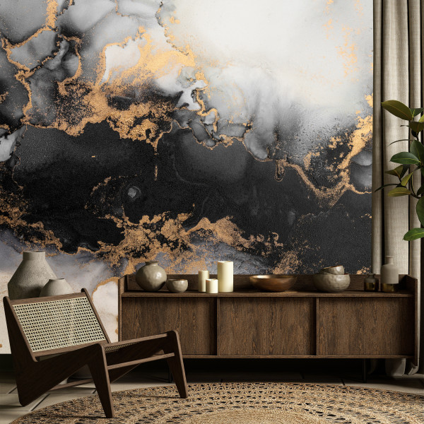 Fototapeta Czarno-biały Marmur ze Złotem do Salonu i Sypialni 450x315cm, 10037958