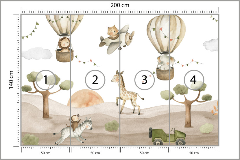 Fototapeta Zwierzęta Safari i Balony Dla Dzieci 200x140cm, 10043349