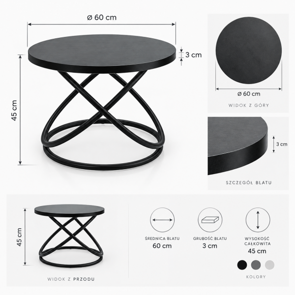 STOLIK KAWOWY DO SALONU OKRĄGŁY NOWOCZESNY DESIGN GALAXY MAX fi60 cm CZARNY, 10146695