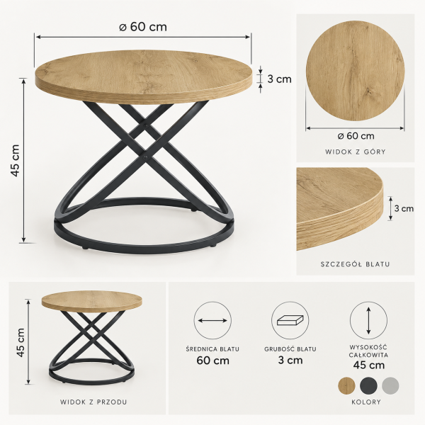 STOLIK KAWOWY DO SALONU OKRĄGŁY NOWOCZESNY DESIGN GALAXY MAX fi 60 cm DĄB, 10146699