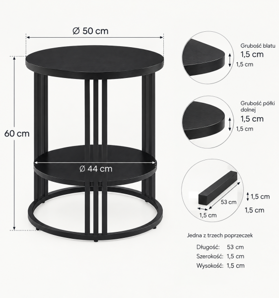 STOLIK KAWOWY DO SALONU SYPIALNI POKOJU FI50 CM CZARNY WYSOKI 60CM LOFT, 10153699