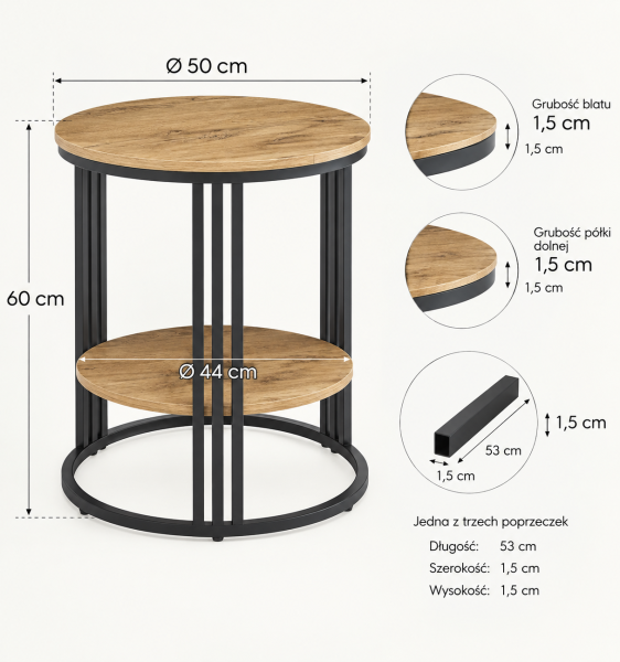 STOLIK KAWOWY DO SALONU SYPIALNI POKOJU FI50 DĄB WYSOKI 60CM LOFT, 10153702