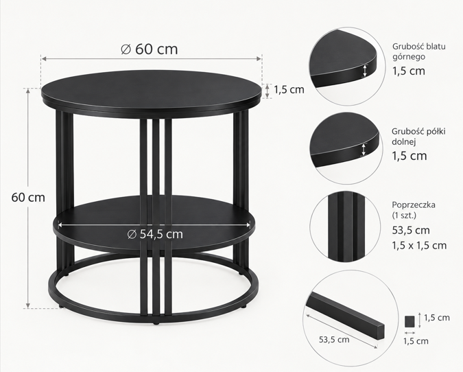 Stolik kawowy boczny okrągły wysoki z półką Tallure Max fi 60 cm czarny, 10153739