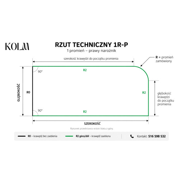 Blat wyspowy HPL 120x63,5cm 1 narożnik zaokrąglony prawy R260 Black 0190SL, 10191117