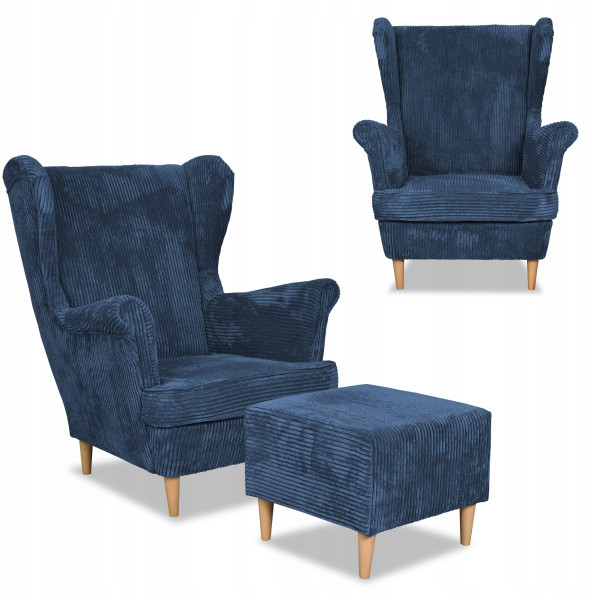 Fotel uszak z podnóżkiem Bonito sztruks niebieski, 1029960