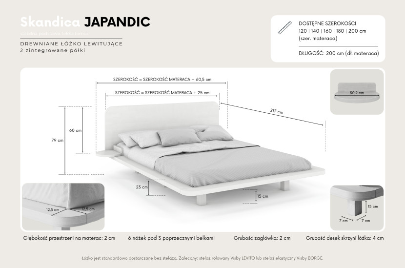 Łóżko lewitujące dębowe JAPANDIC / 180x200, lakier naturalny, 10310171