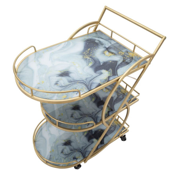 Wózek ze złotego metalu z 3 szklanymi półkami 71x45,5x84,5 cm, 10437415
