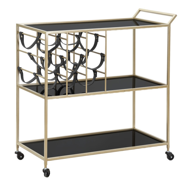 Wózek z metalu i czarnego szkła z uchwytem na butelki 79x39,5x82 cm, 10437423