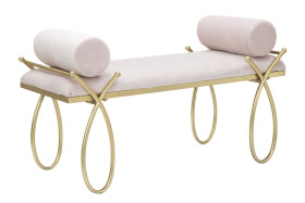 Ławka ze złotego metalu z siedziskiem z różowego weluru 113x49x53 cm