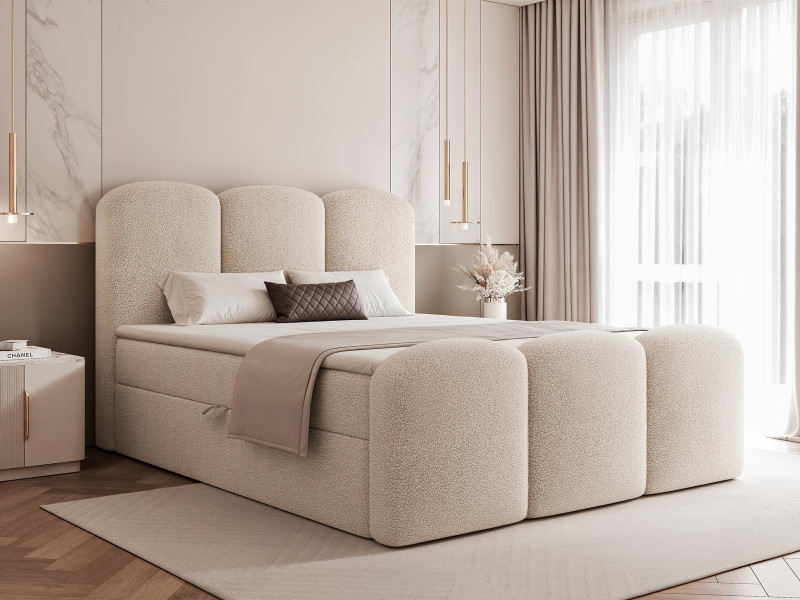 Designerskie łóżko kontynentalne z pojemnikami beż ELLA, 10489351