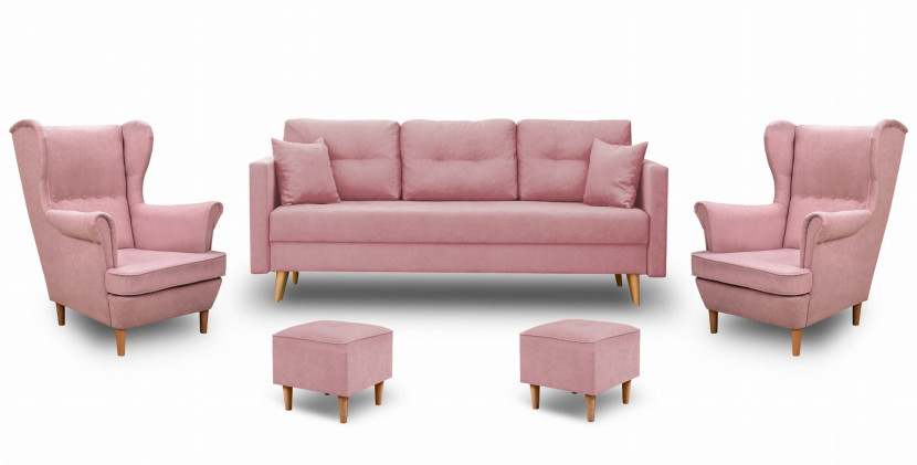 Zestaw skandynawski sofa 2xfotel 2xpodnóżek Różowy, 1150317