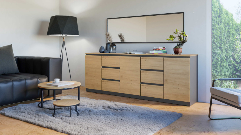 Zestaw komoda Costa 6 szuflad 3 drzwi Antracyt/Dąb Artisan, 1404067