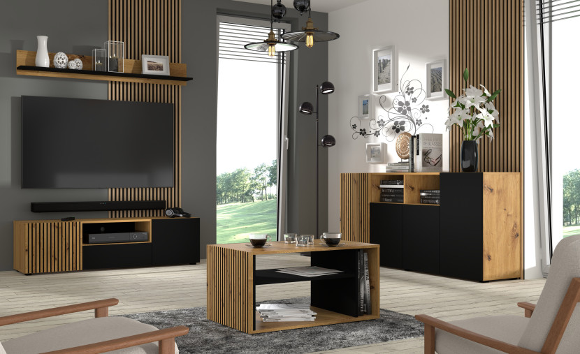 Komoda AURIS 4D 180 cm dąb artisan / czarny mat, 1431134