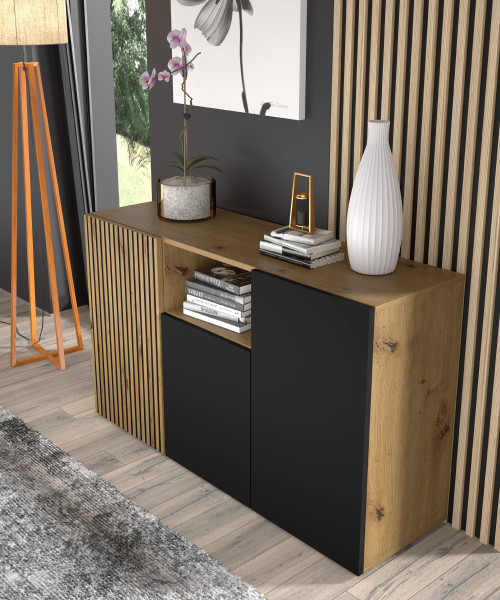 Komoda AURIS 3D 135 cm dąb artisan / czarny mat, 1431158