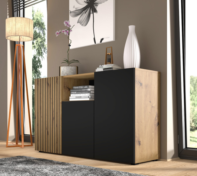 Komoda AURIS 3D 135 cm dąb artisan / czarny mat, 1431159