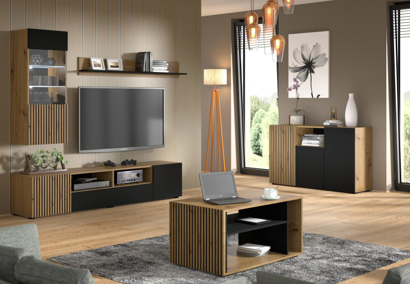 Komoda AURIS 3D 135 cm dąb artisan / czarny mat, 1431160