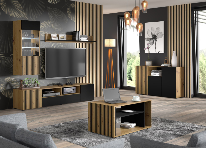Komoda AURIS 3D 135 cm dąb artisan / czarny mat, 1431161