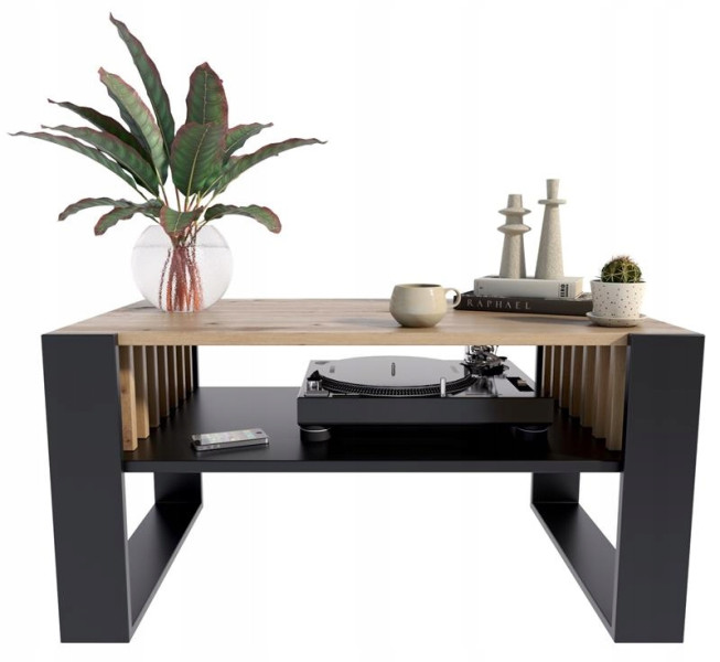 Ława stolik kawowy IGA artisan czarny z lamelami loft retro, 1484144