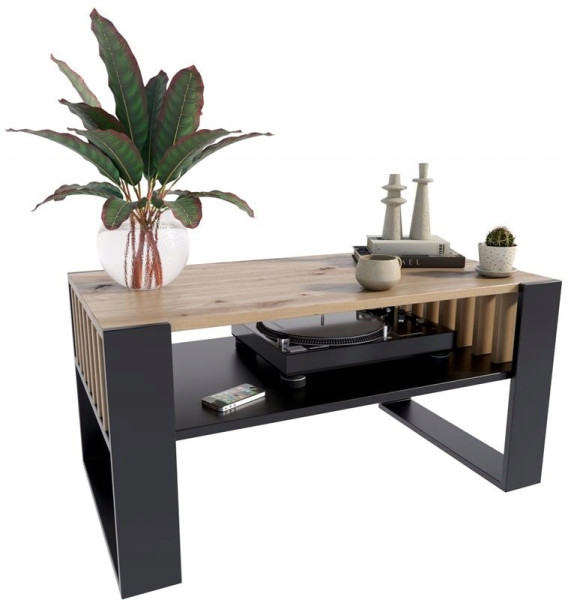 Ława stolik kawowy IGA artisan czarny z lamelami loft retro, 1484145