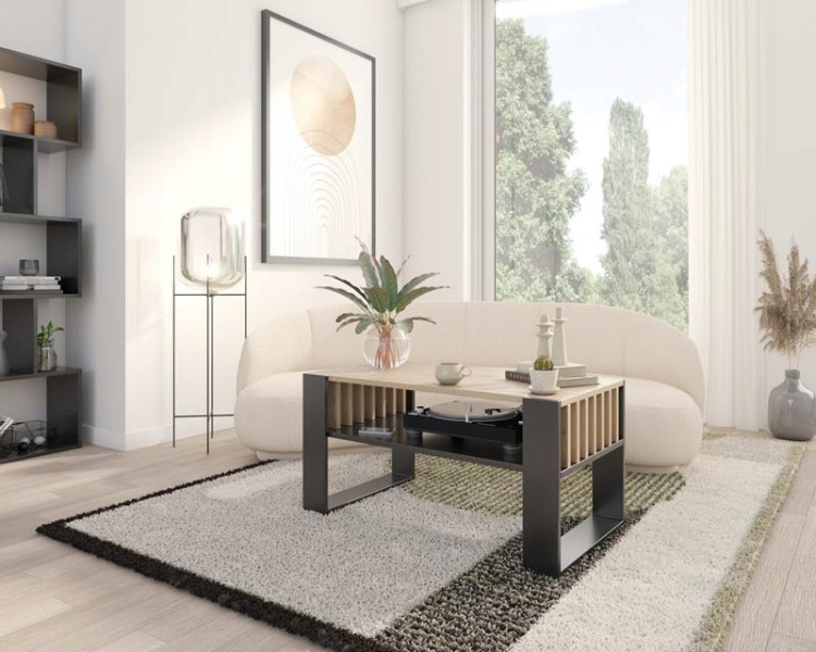 Ława stolik kawowy IGA artisan czarny z lamelami loft retro, 1484146