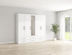 Szafa pięciodrzwiowa Herford 226 cm z lustrem i 6 szufladami biała