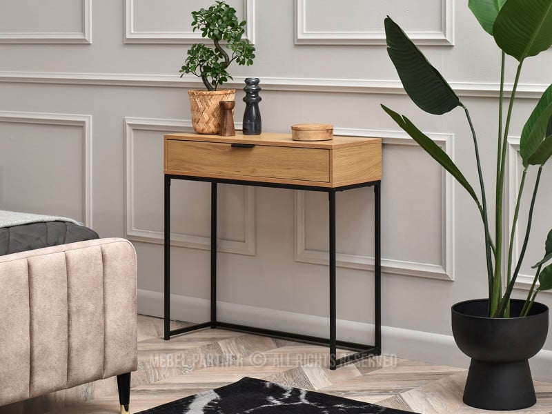 Dębowa konsola 80cm z szufladą na stelażu czarnym Nora-m modern loft, 2131559