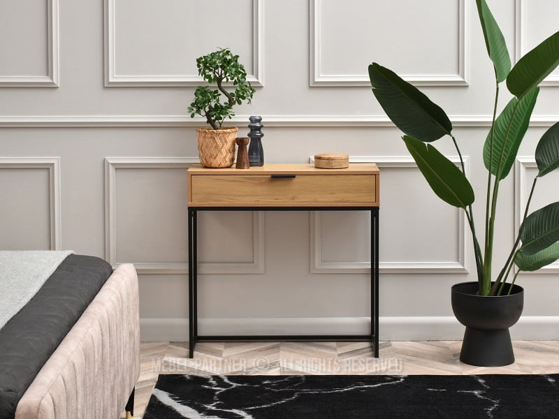 Dębowa konsola 80cm z szufladą na stelażu czarnym Nora-m modern loft, 2131560