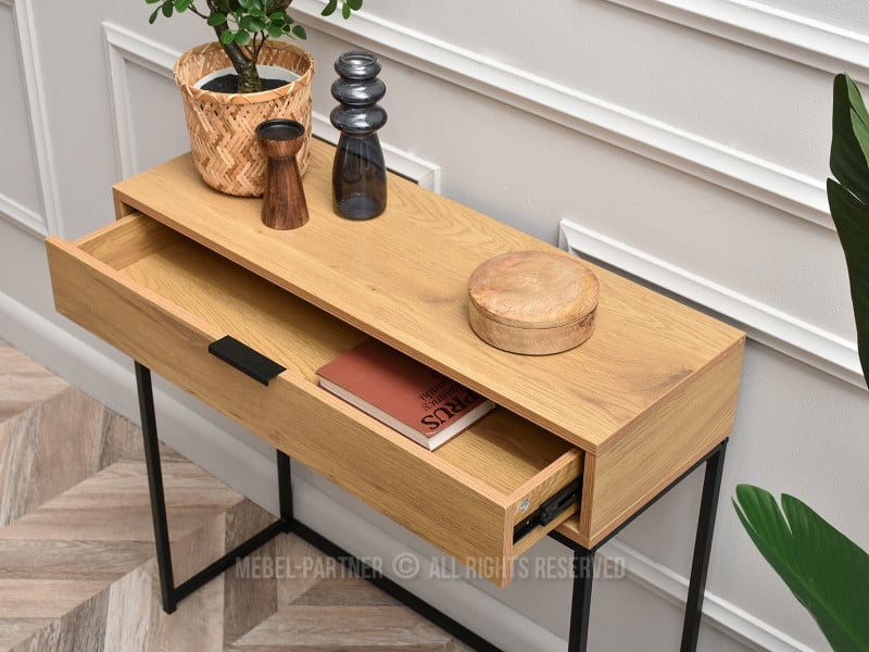 Dębowa konsola 80cm z szufladą na stelażu czarnym Nora-m modern loft, 2131562