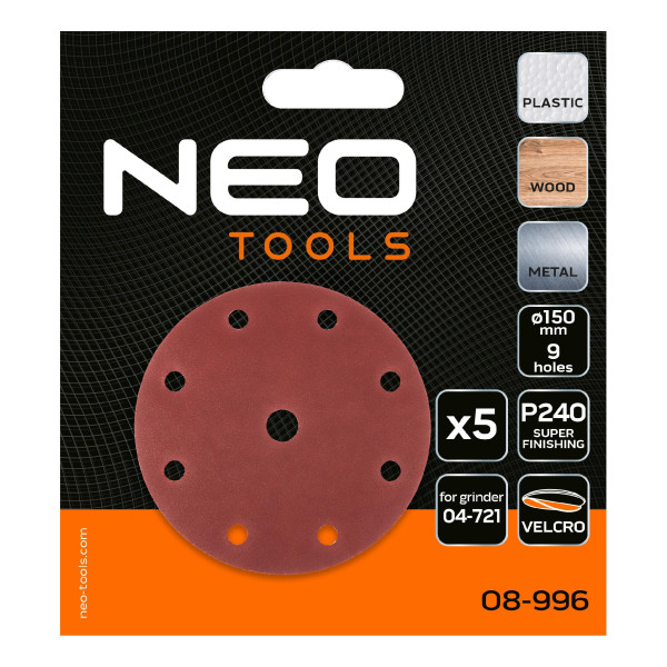 Krążki ścierne papier ścierny na rzep 150mm, P240, 5szt. NEO, 2193480
