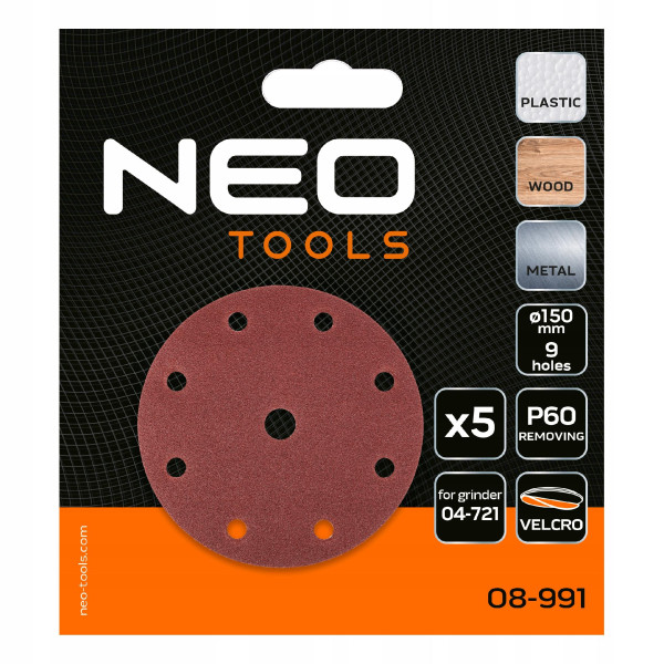 Krążki ścierne papier ścierny na rzep 150mm, P60, 5szt. NEO, 2193498