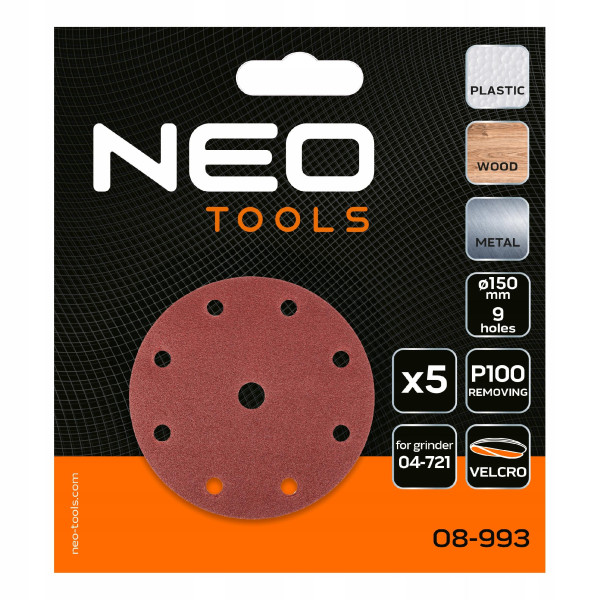 Krążki ścierne papier ścierny na rzep 150mm, P100, 5szt NEO, 2193507