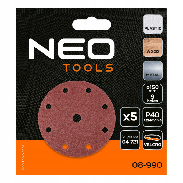 Krążki ścierne papier ścierny na rzep 150mm, P40, 5szt. NEO, 2193516