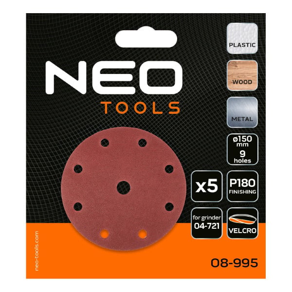 Krążki ścierne papier ścierny na rzep 150mm, P180, 5szt. NEO, 2193525