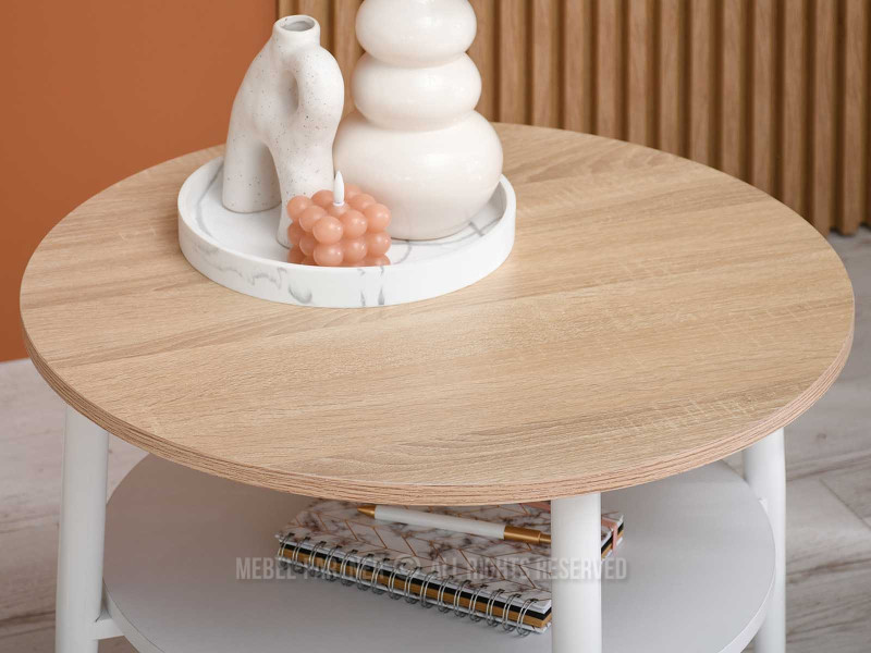 Stolik kawowy z półką sonoma na białych nogach okrągły 60 cm RENNE-S, 2194878