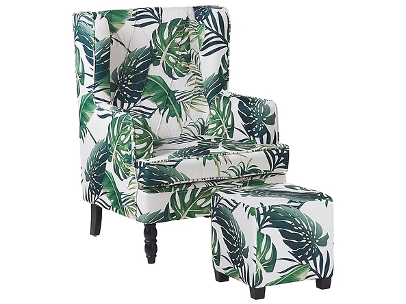 Fotel z podnóżkiem w liście biało-zielony SANDSET, 219615