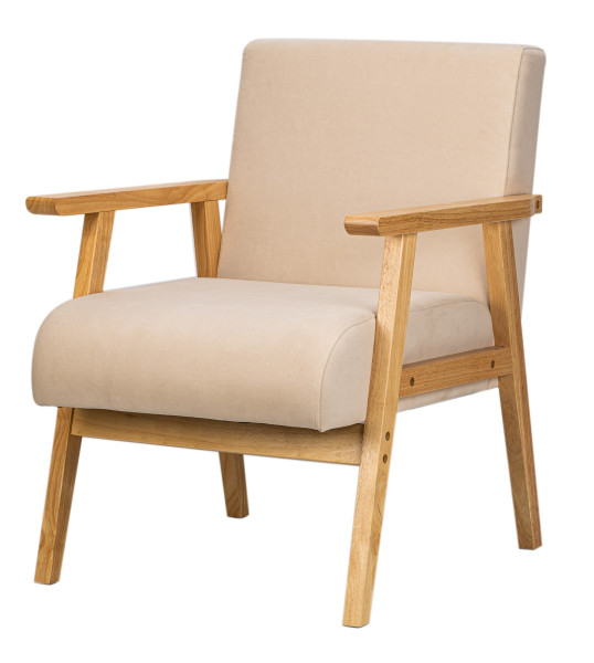 Fotel salonowy z litego drewna i beżowej tkaniny, 315575