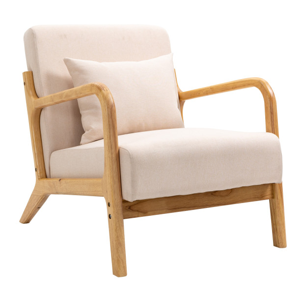 Fotel salonowy z litego drewna i beżowej tkaniny, 315631