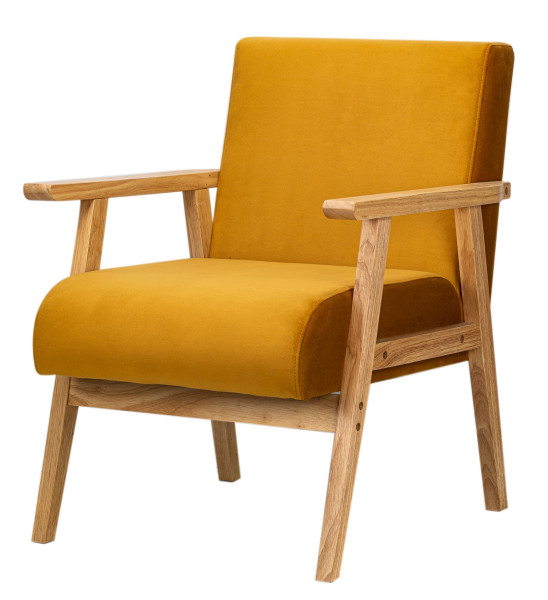 Fotel drewniany z żółtym aksamitem, 315681