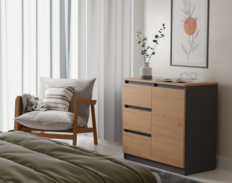 Komoda 1D3S szafka 1 drzwi 3 szuflady Antracyt/Dąb Artisan, 344444