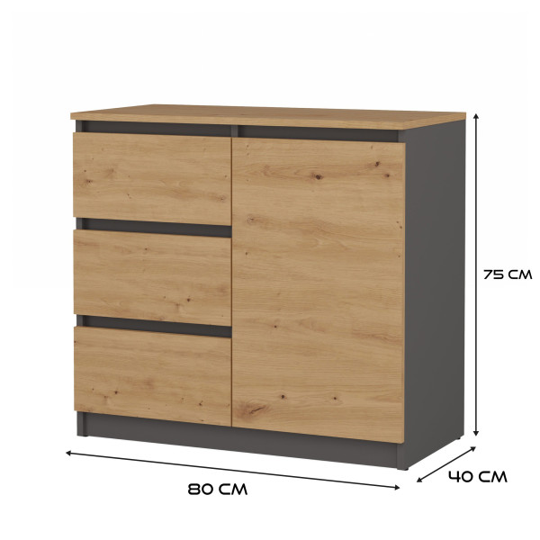 Komoda 1D3S szafka 1 drzwi 3 szuflady Antracyt/Dąb Artisan, 344446