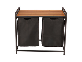 stojak na pranie z dwoma koszami w kolorze czarnym bambusowa półka