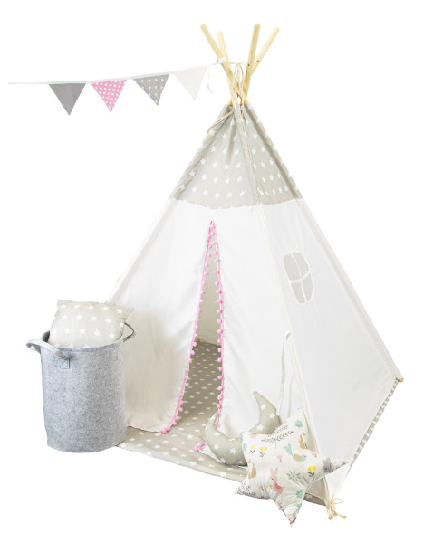 Biało- szary namiot tipi dla dzieci + kosz z poduszkami, 350701
