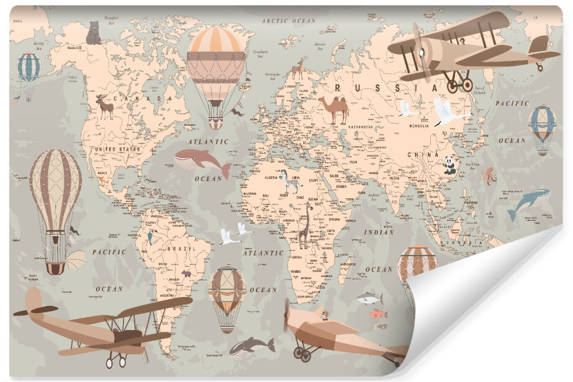 Fototapeta Mapa Świata Zwierzęta Samoloty Balony 90x60cm, 394471