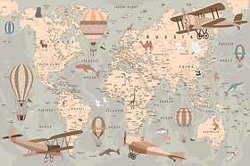 Fototapeta Mapa Świata Zwierzęta Samoloty Balony 90x60cm
