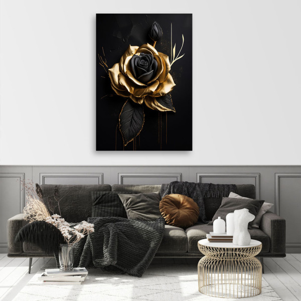 Feeby Obraz na płótnie, Złota Róża na czarnym tle 80x120, 4173269