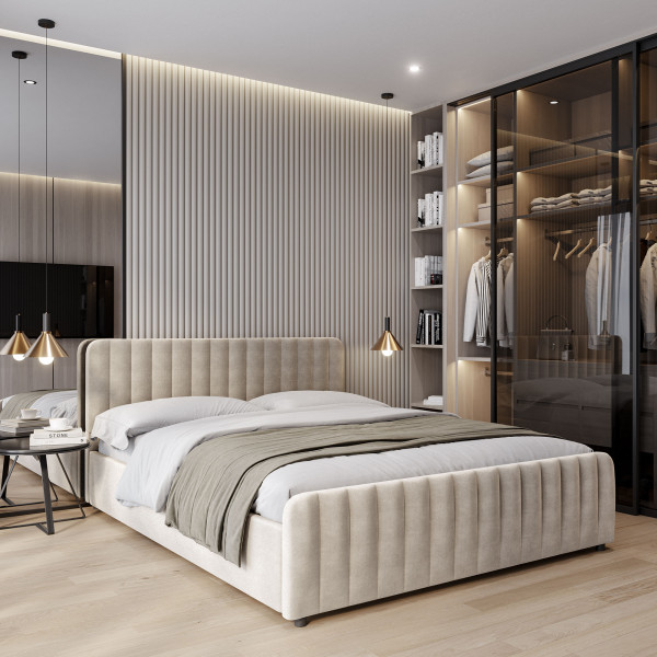 Łóżko tapicerowane z pojemnikiem SFG0160 | 180x200 | Welur | Beżowy 03, 4284595