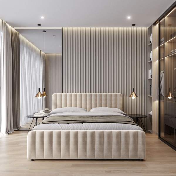 Łóżko tapicerowane z pojemnikiem SFG0160 | 180x200 | Welur | Beżowy 03, 4284597