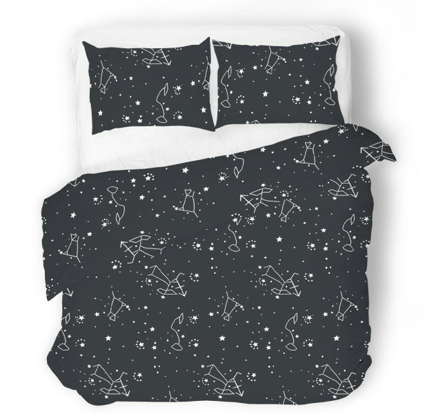 Pościel satynowa 140x200 czarna biała gwiazdozbiór zodiak, 453507