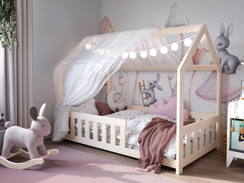 Dubi – drewniane łóżko domek dla dzieci 80 x 160 cm naturalne ze stelażem, 4842108