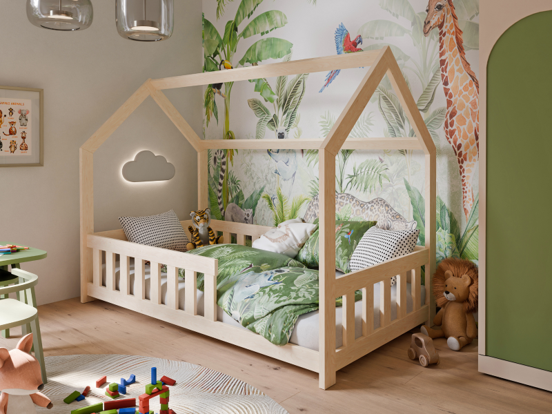 Dubi – drewniane łóżko domek dla dzieci 80 x 160 cm naturalne ze stelażem, 4842109